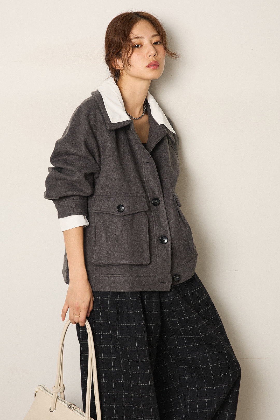 [SET]衿レイヤードフェイクウールジャケット+ウールライクチェックタックパンツ(2set)