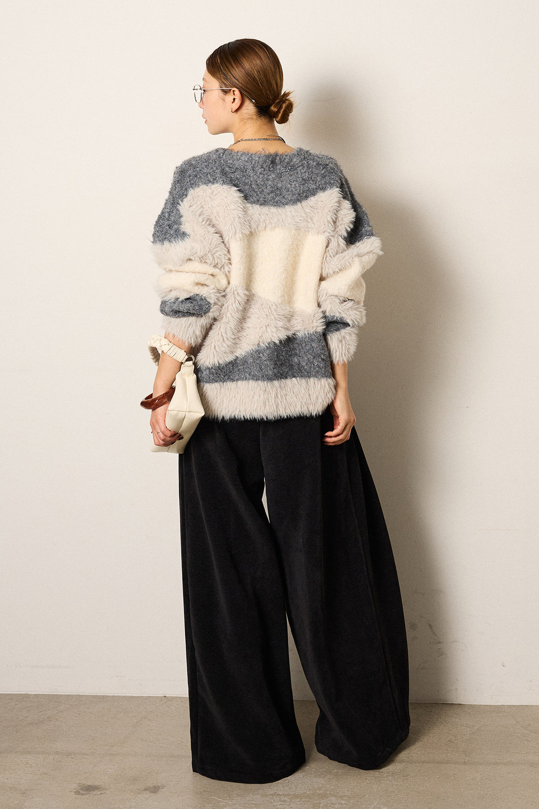 [SET]シャギーウェーブ柄クルーネックニットトップス+ベルトループコーデュロイワイドパンツ(2set)