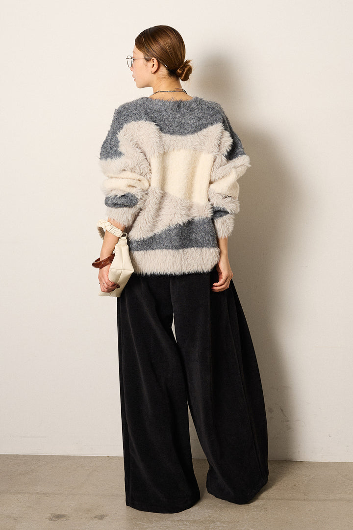 [SET]シャギーウェーブ柄クルーネックニットトップス+ベルトループコーデュロイワイドパンツ(2set)