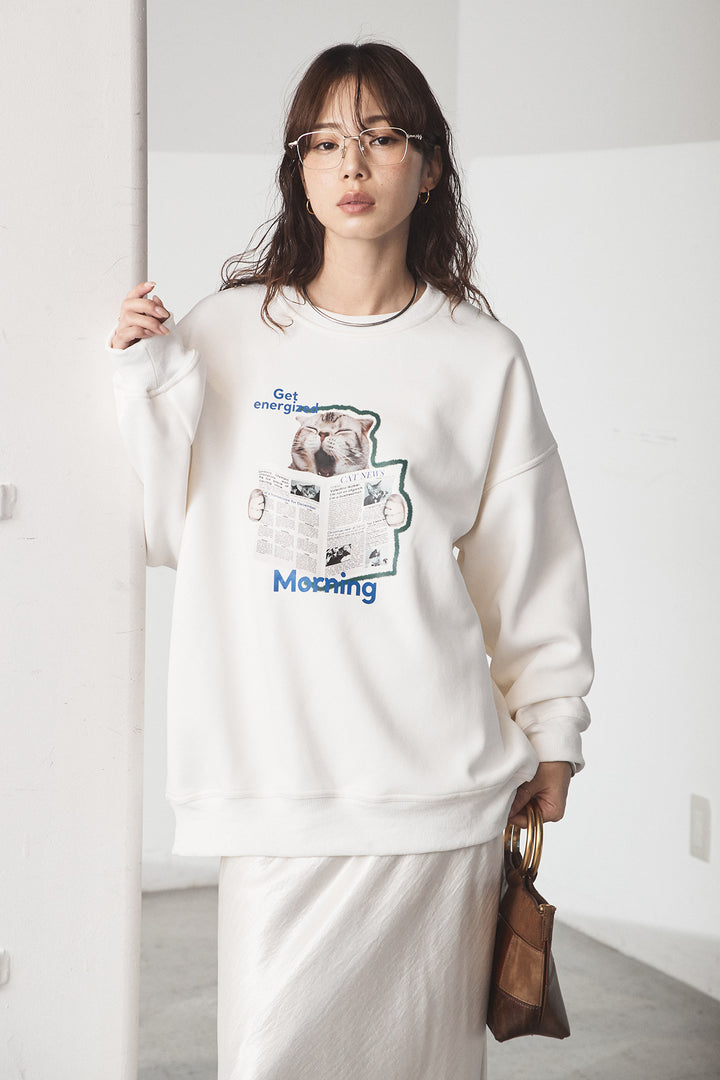 [SET]裏起毛モーニングキャットプリントスウェット+裾レースデザインサテンスカート(2set)