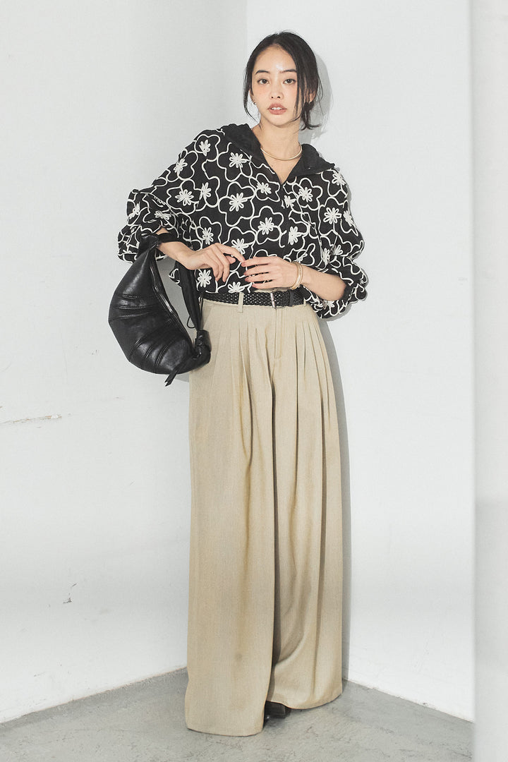 [SET]シアーフラワーフードブルゾン+編みベルト付きウエストタックワイドパンツ(2set)