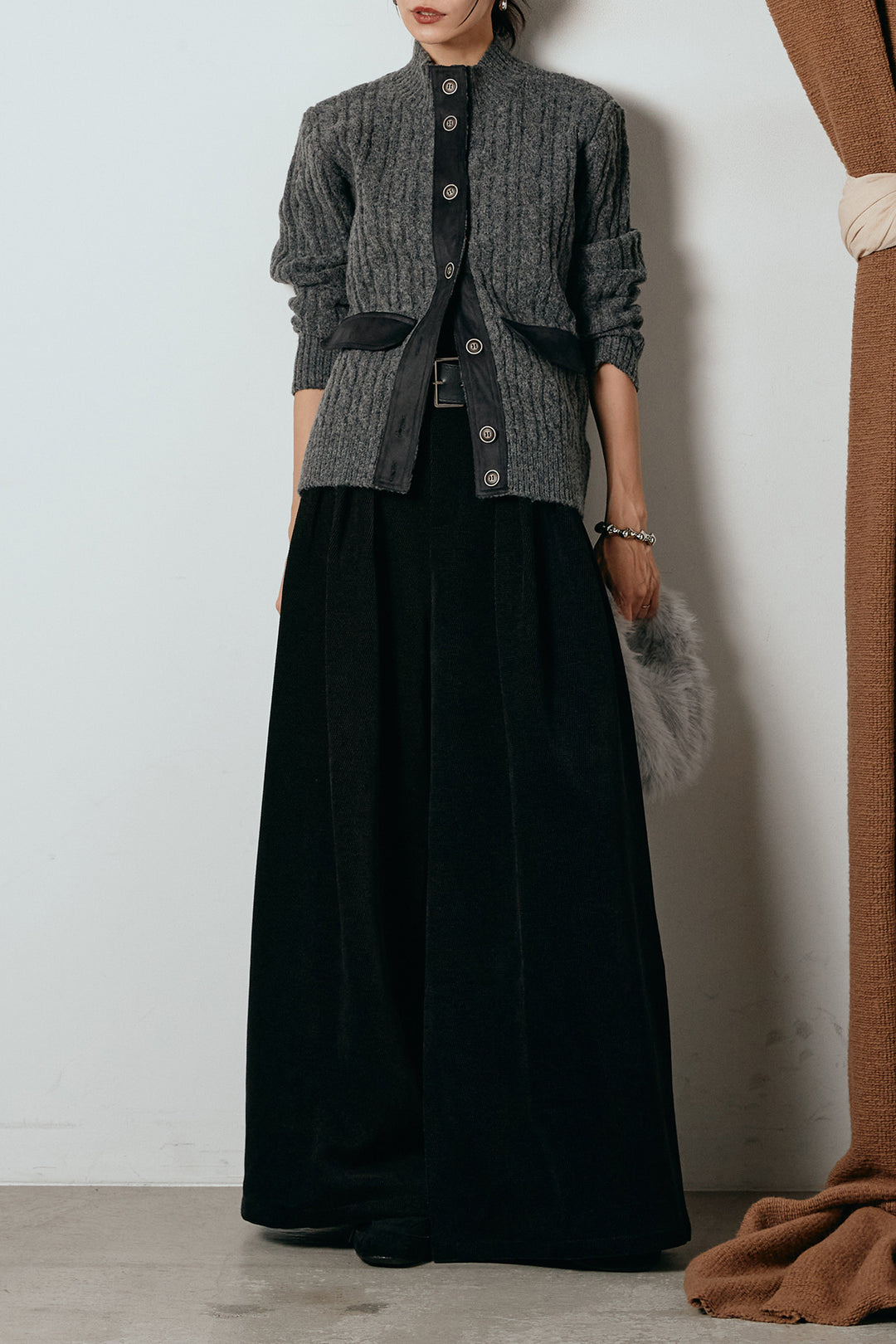 [SET]ボトルネックケーブルニットカーディガン+ベルトループコーデュロイワイドパンツ(2set)