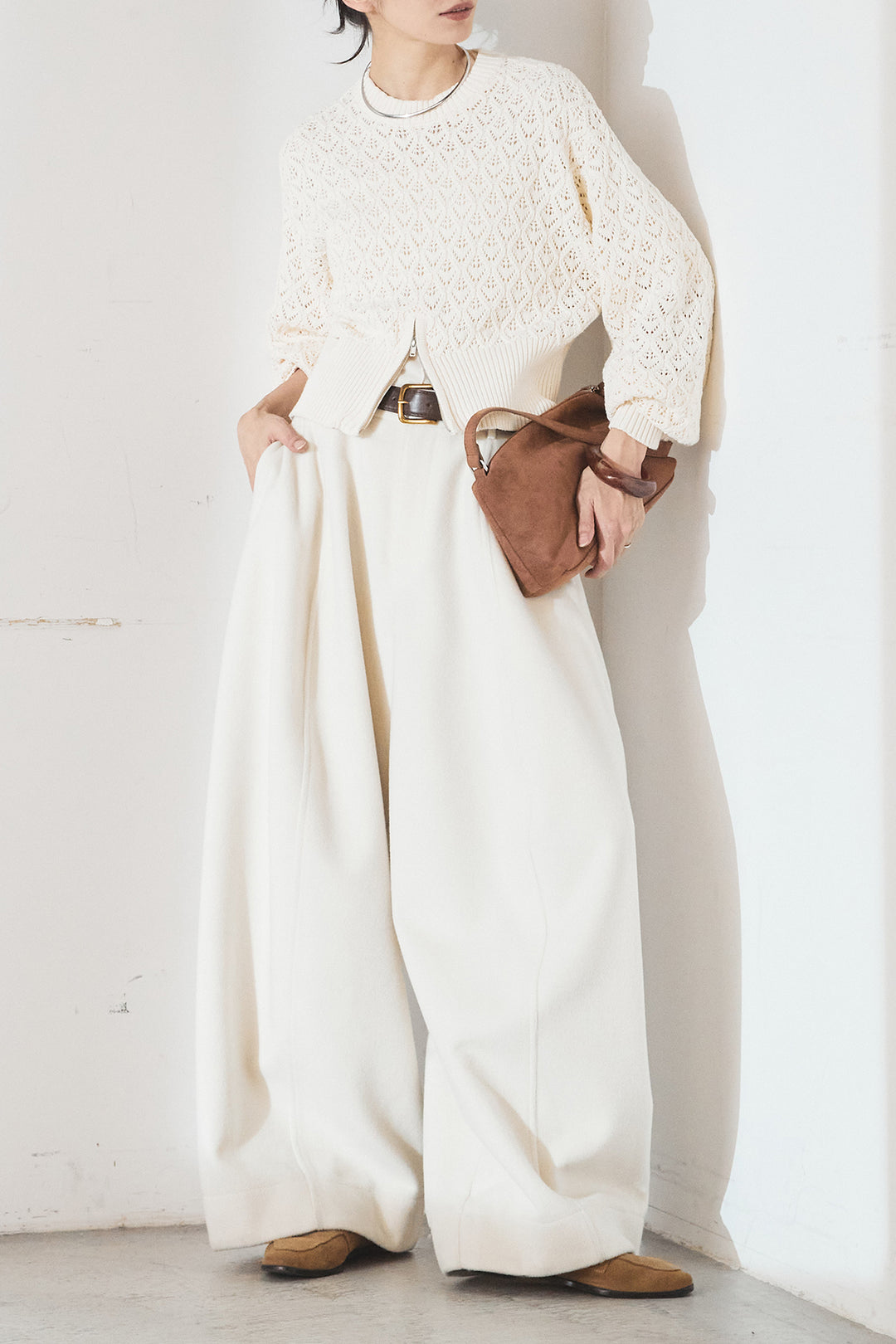 [SET]透かし編みニットジップスリットプルオーバー+ウールタッチカーブワイドパンツ(2set)