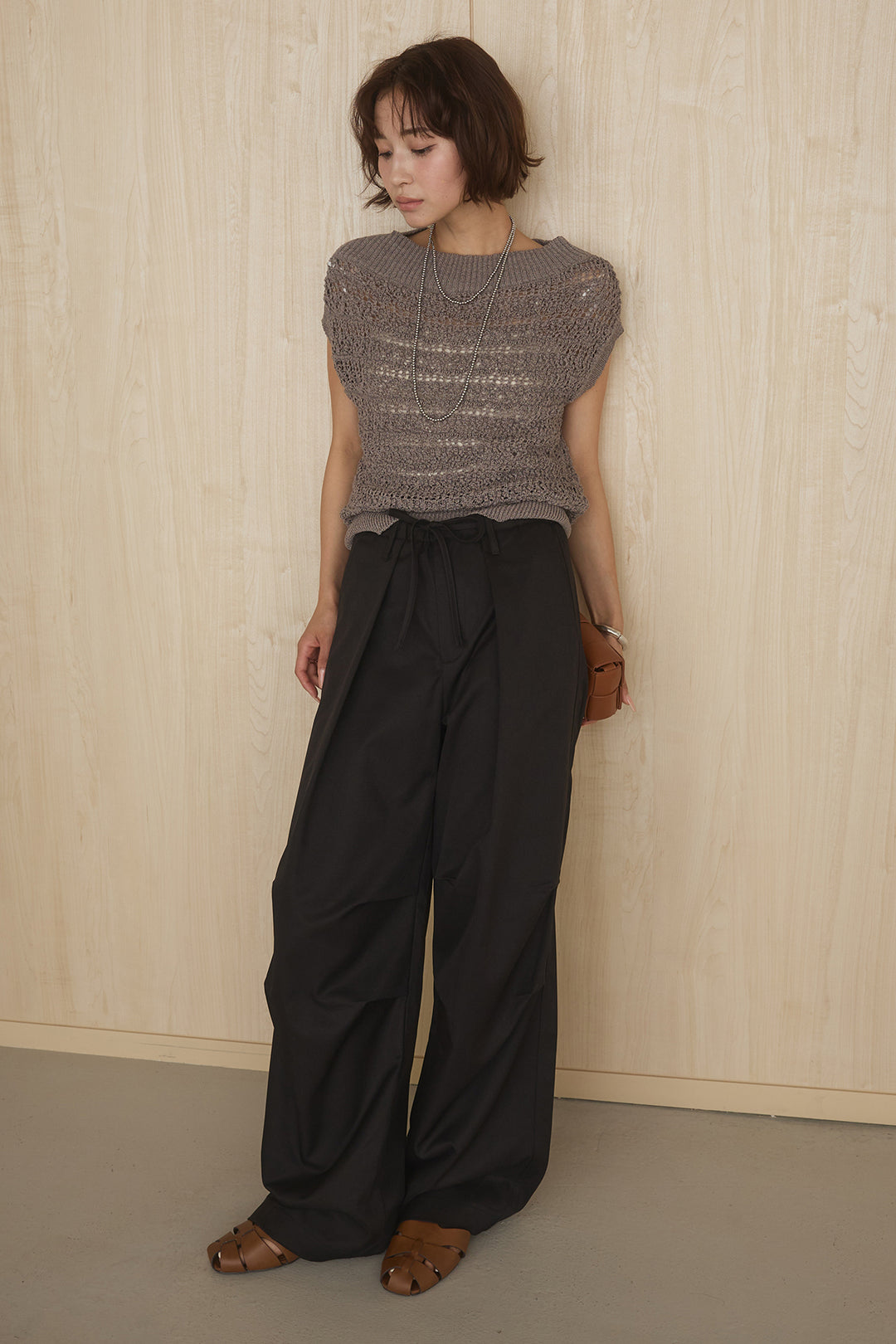 [SET]透かしレース編みフレンチニット+ニーサイドタックウエストドロストパンツ(2set)