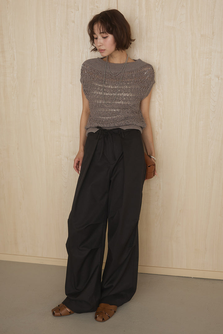 [SET]透かしレース編みフレンチニット+ニーサイドタックウエストドロストパンツ(2set)