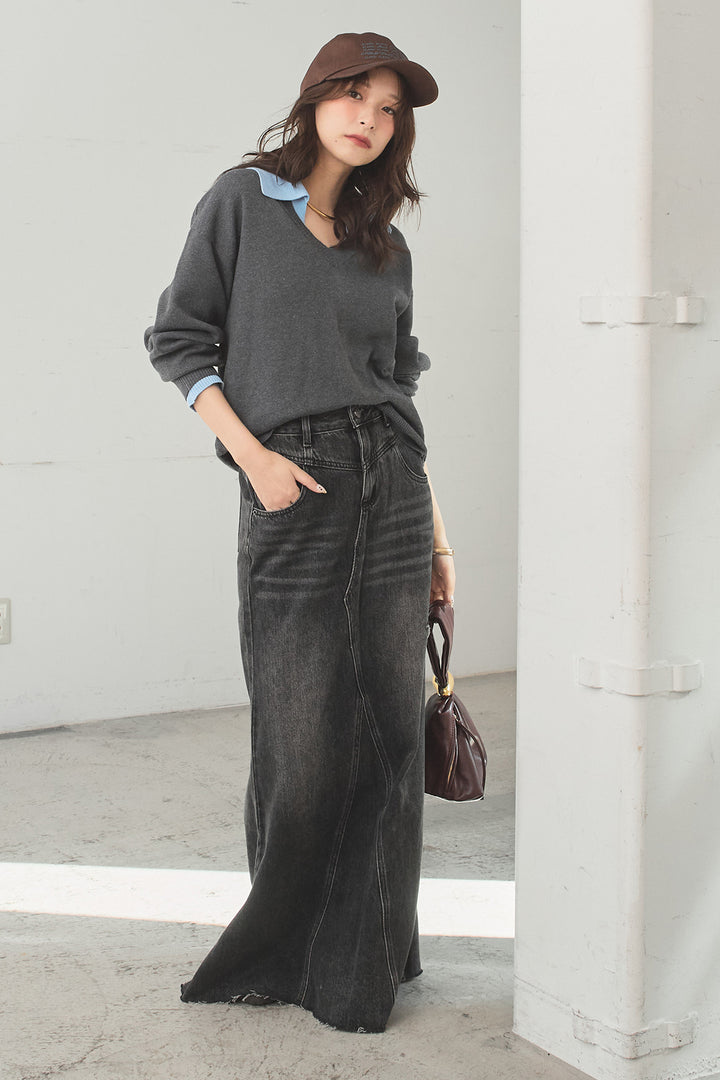 [SET]バイカラーニットレイヤード風プルオーバー+Aラインデニムスカート(2set)