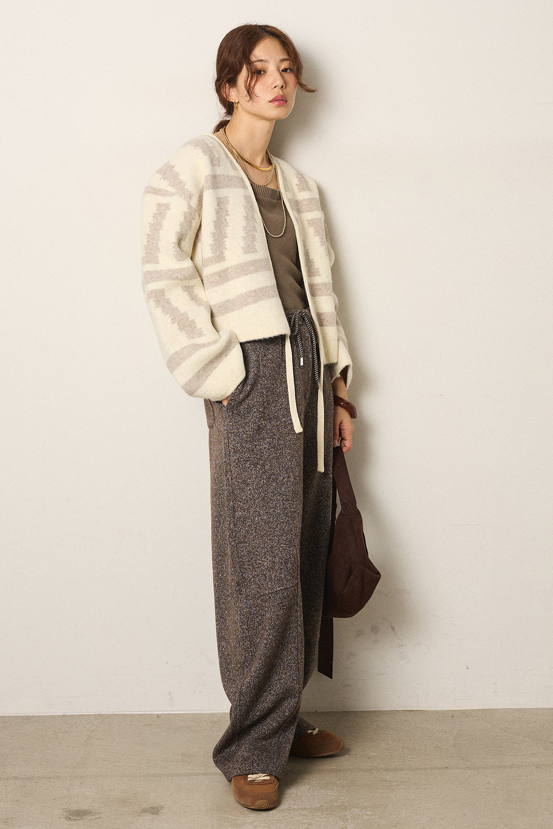 [SET]幾何学柄ノーカラーカーディガン+杢ニットフレアパンツ(2set)