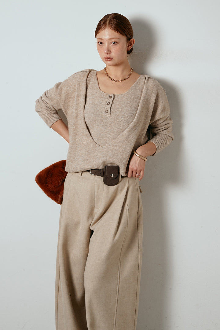 [SET]襟付きレイヤードニットトップス+ポーチベルト付きカーブパンツ(2set)