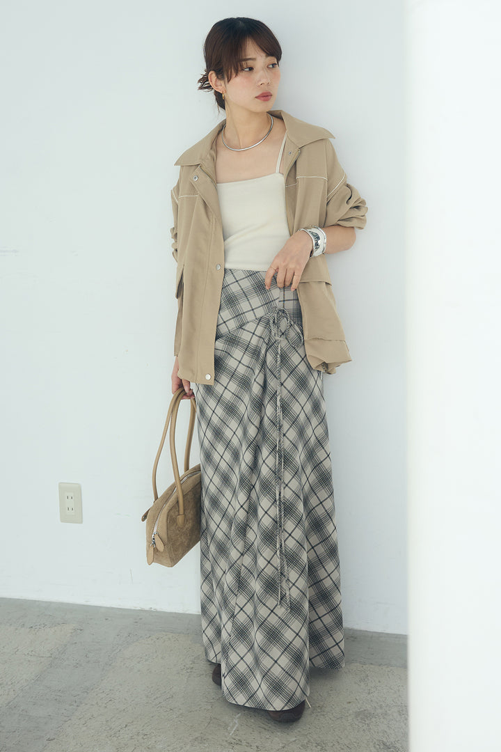 [SET]合繊ツイルバルーンジャケット+タータンチェック柄フロントデザインスカート(2set)