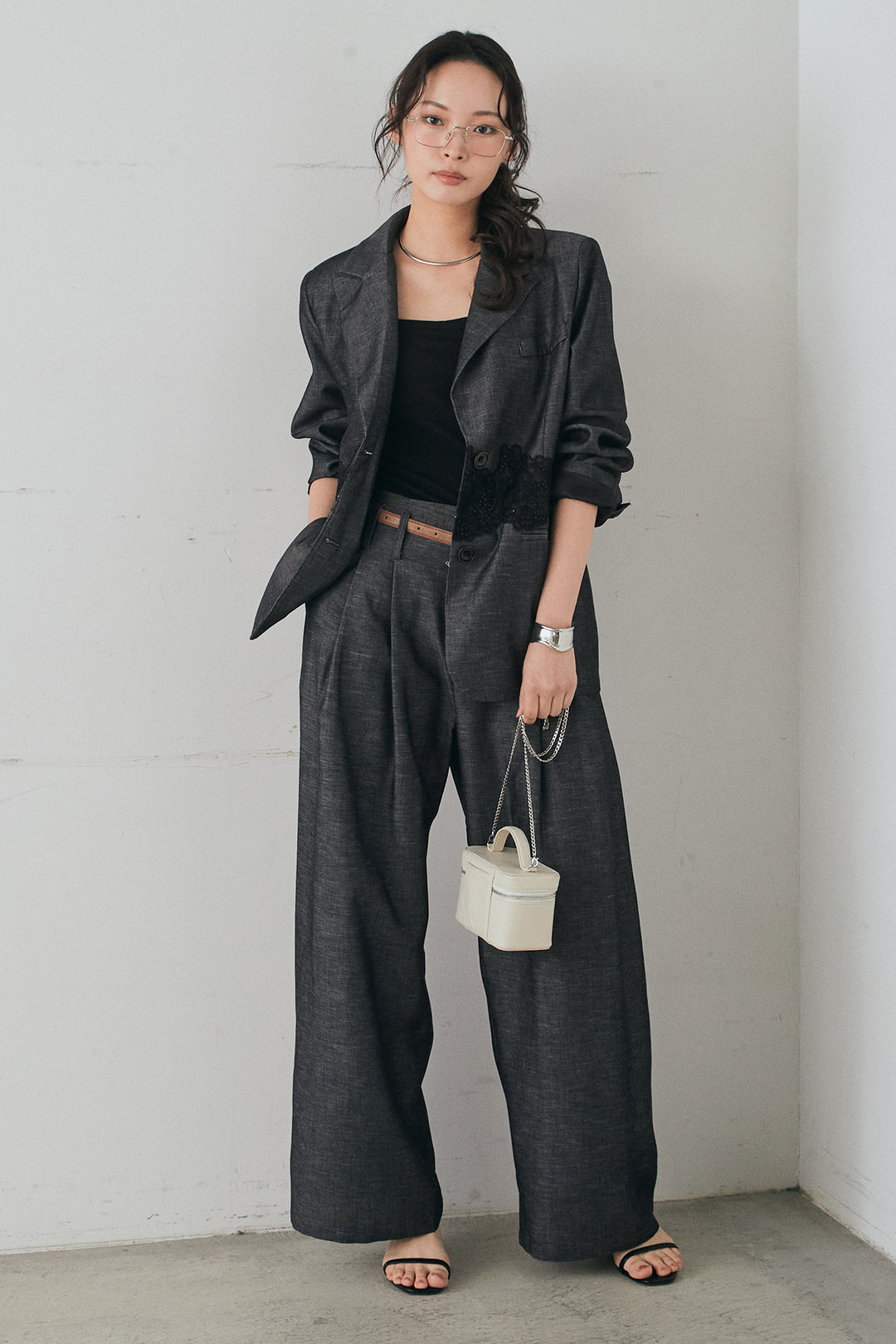 [SET]リネンタッチレースデザインジャケット+リネンタッチ細ベルト付きワイドパンツ(2set)