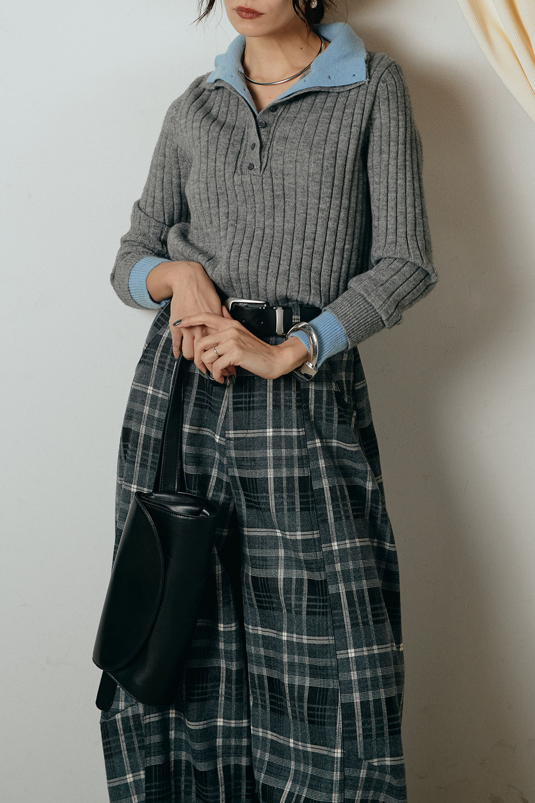 [SET]レイヤード風リブニットトップス+ベルト付きタータンチェックカーブワイドパンツ(2set)