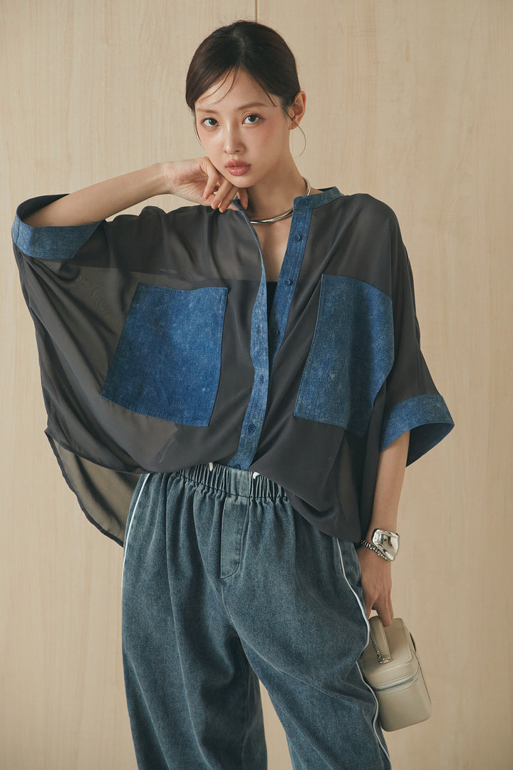 [SET]デニムライクビッグツーポケシアーシャツ+ドロストサイドラインデニムパンツ(2set)