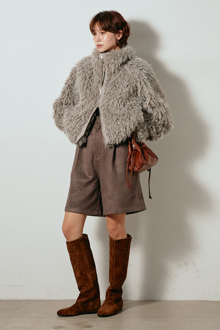 [SET]ミックスシープファースタンドブルゾン+フェイクスウェードハーフパンツ(2set)