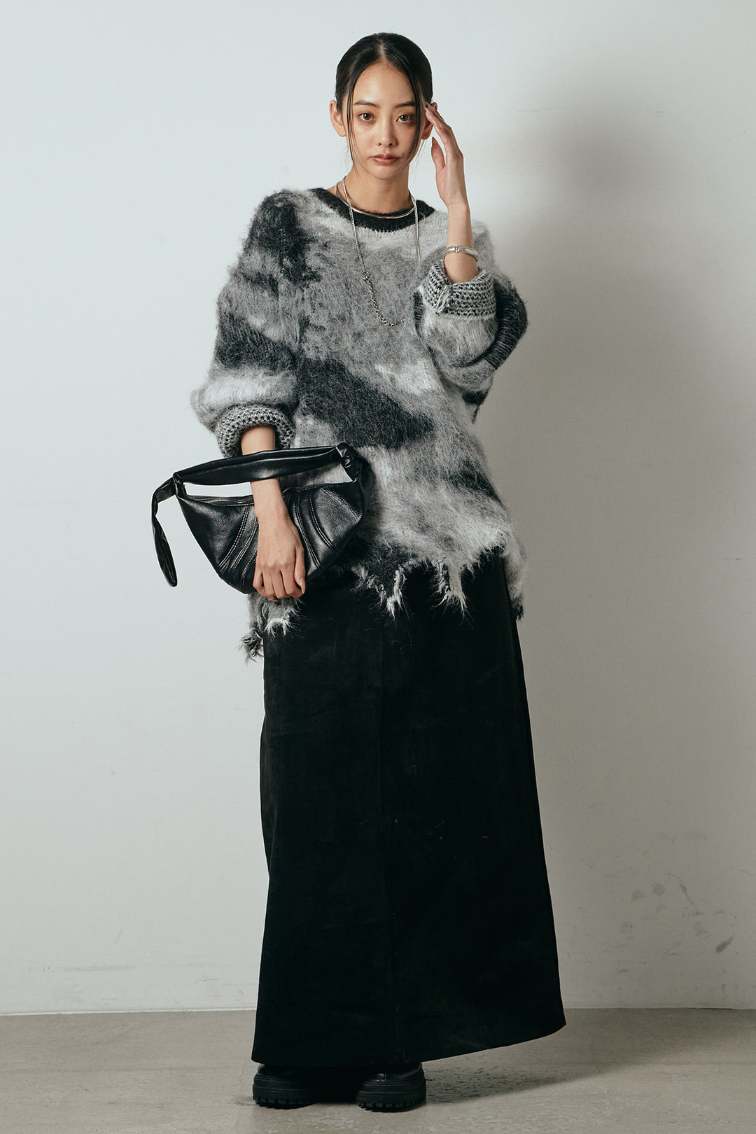 [SET]起毛裾デザインニュアンス柄ニットトップス+エコスウェードワイドスカート(2set)