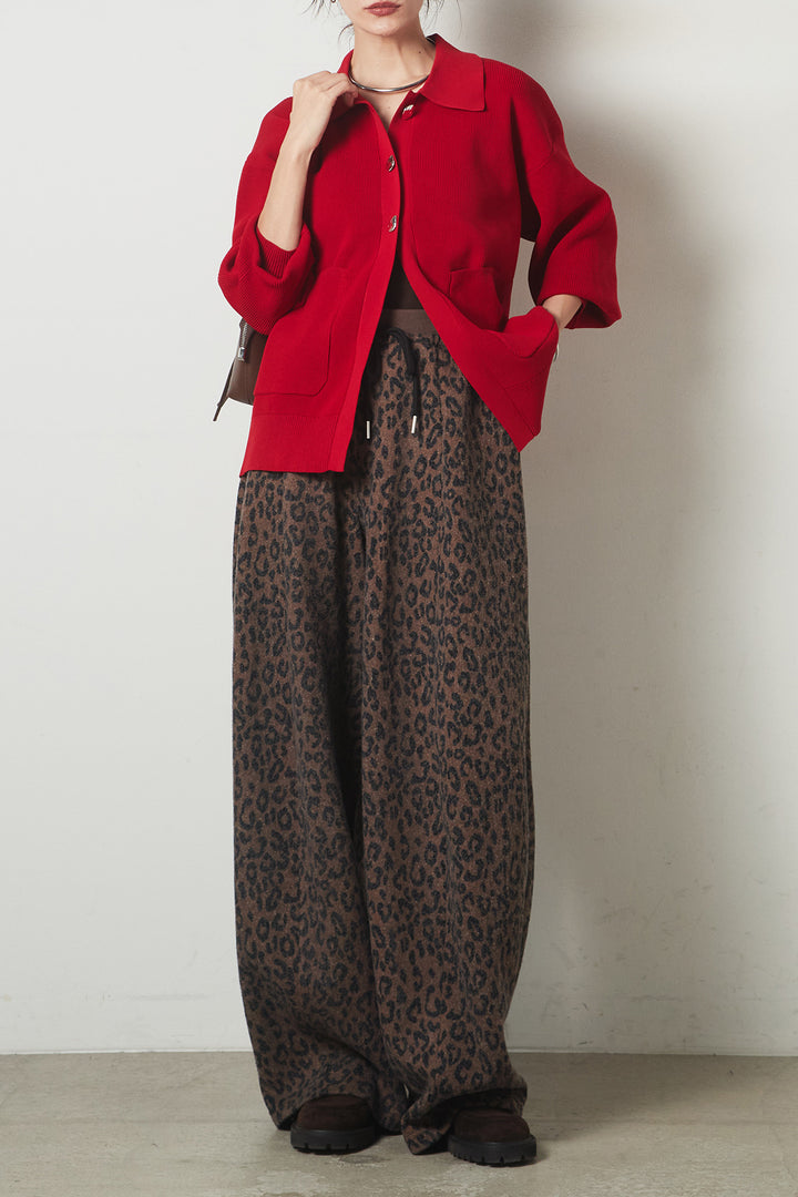 [SET]メタル釦衿付きニットカーディガン+リラックスレオパード柄ワイドパンツ(2set)