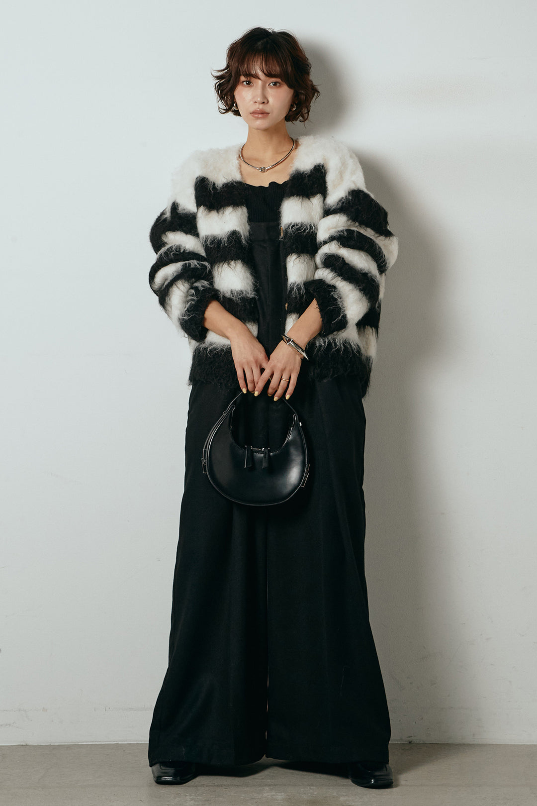 [SET]シャギーボーダー柄ニットカーディガン+ウール混フランネルワイドサロペット(2set)