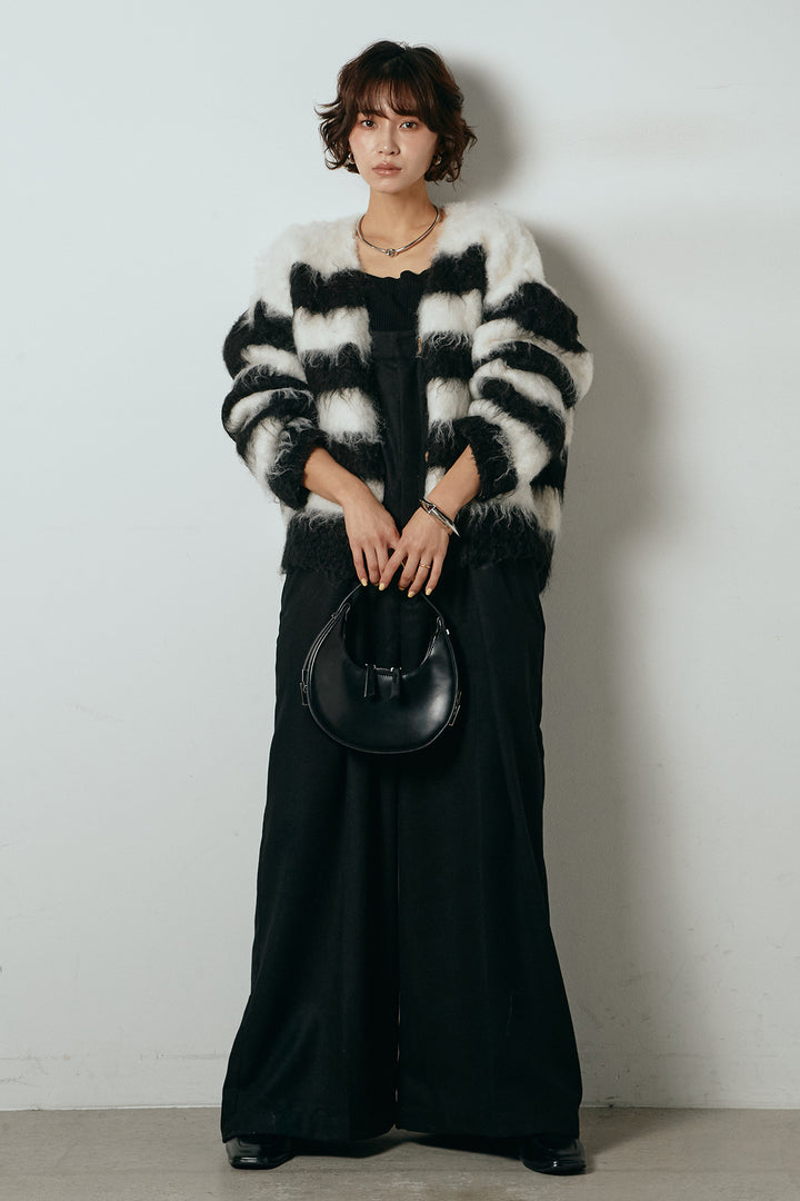 [SET]シャギーボーダー柄ニットカーディガン+ウール混フランネルワイドサロペット(2set)