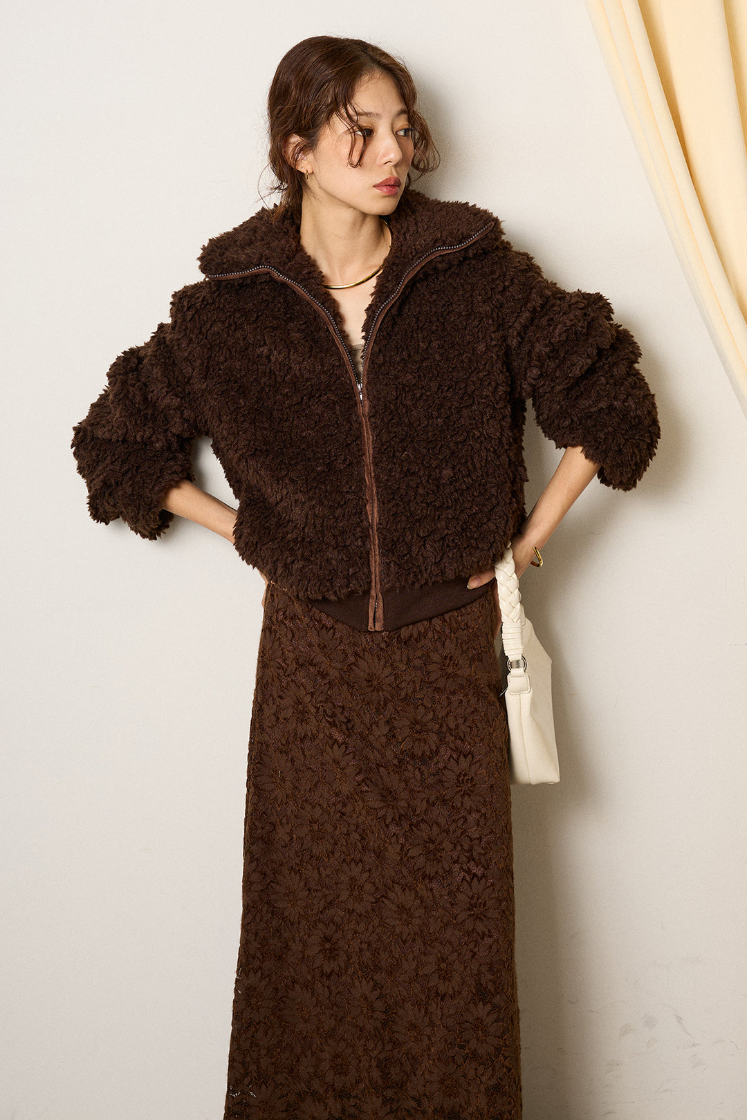 [SET]スタンドカラー裾リブボアブルゾン+花柄刺繍ベロアフレアスカート(2set)