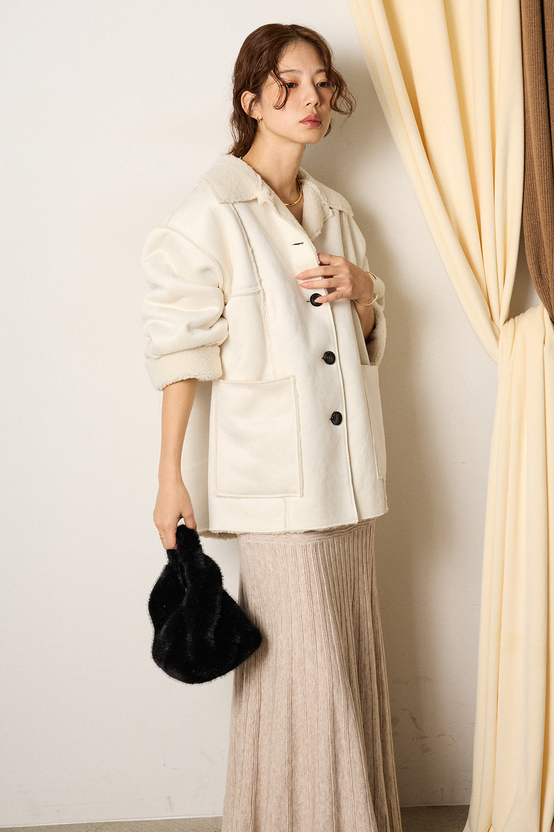 [SET]エコムートンカバーオール+編み地切り替えフレアニットスカート(2set)