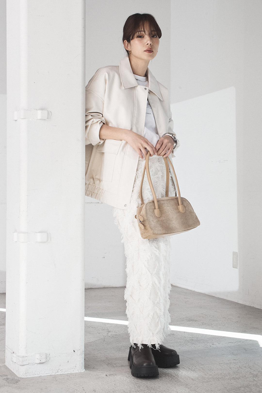 [SET]レザーライクオーバーサイズブルゾン+カットフリンジニットタイトスカート(2set)