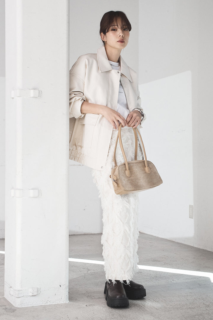 [SET]レザーライクオーバーサイズブルゾン+カットフリンジニットタイトスカート(2set)