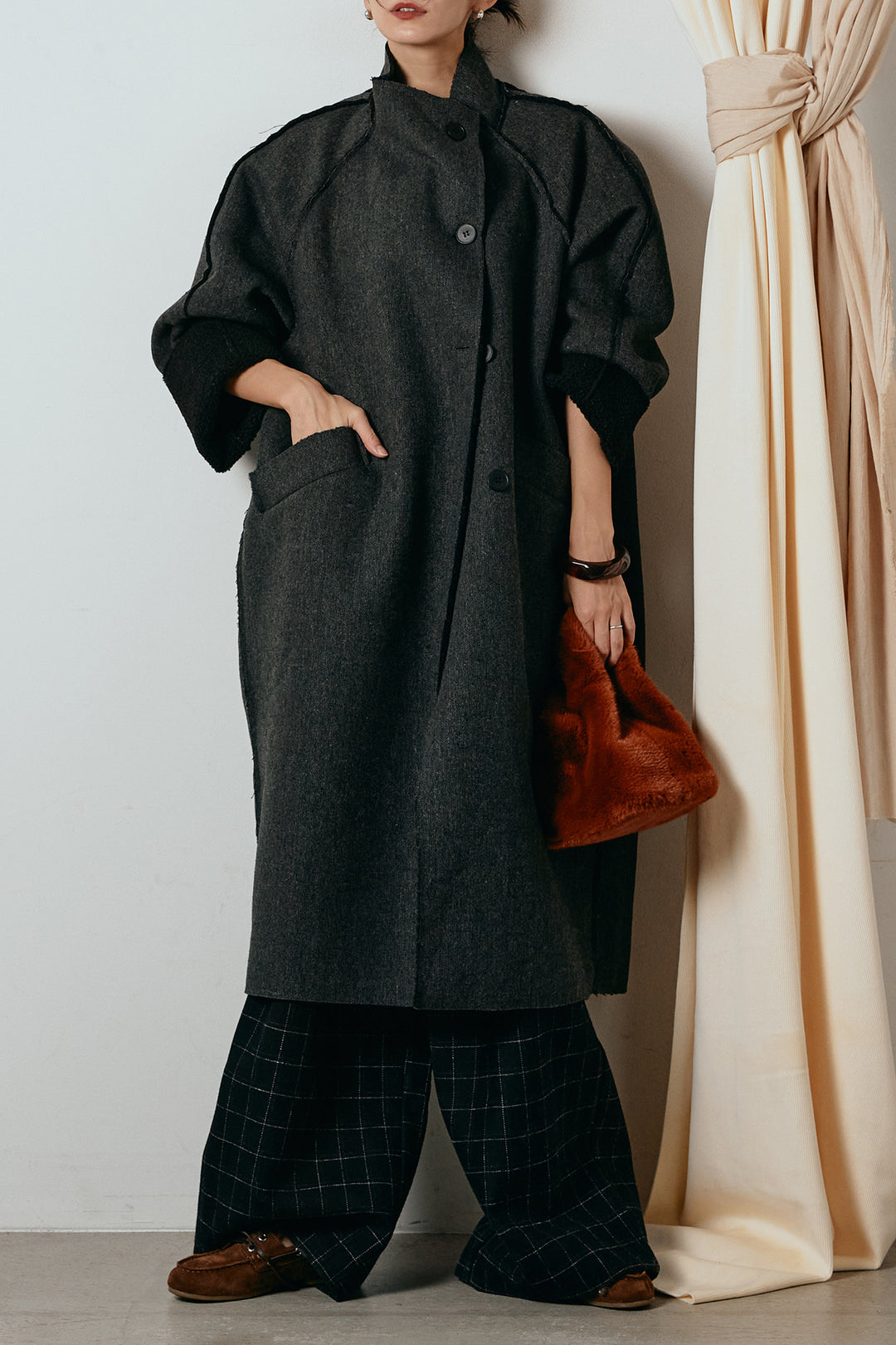 [SET]裏地ボアハイネックロングアウター+ウールライクチェックタックパンツ(2set)
