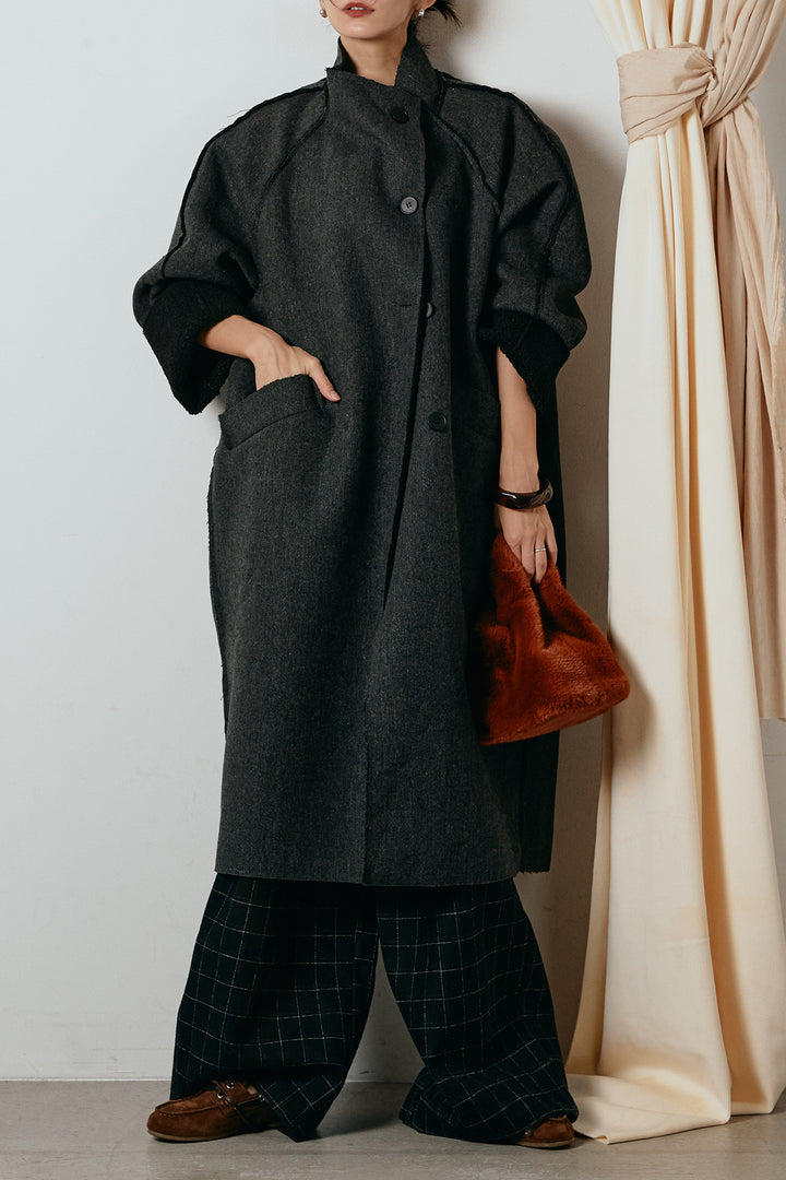 [SET]裏地ボアハイネックロングアウター+ウールライクチェックタックパンツ(2set)