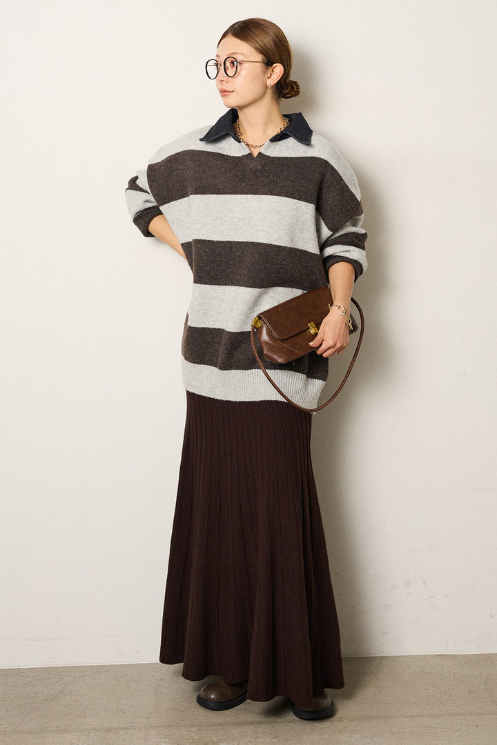 [SET]デニムカラーボーダールーズニット+編み地切り替えフレアニットスカート(2set)