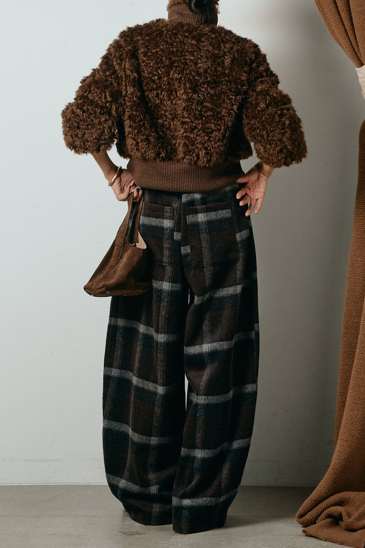 [SET]ハイネックショート丈ボアジップブルゾン+起毛タータンチェック柄ワイドパンツ(2set)