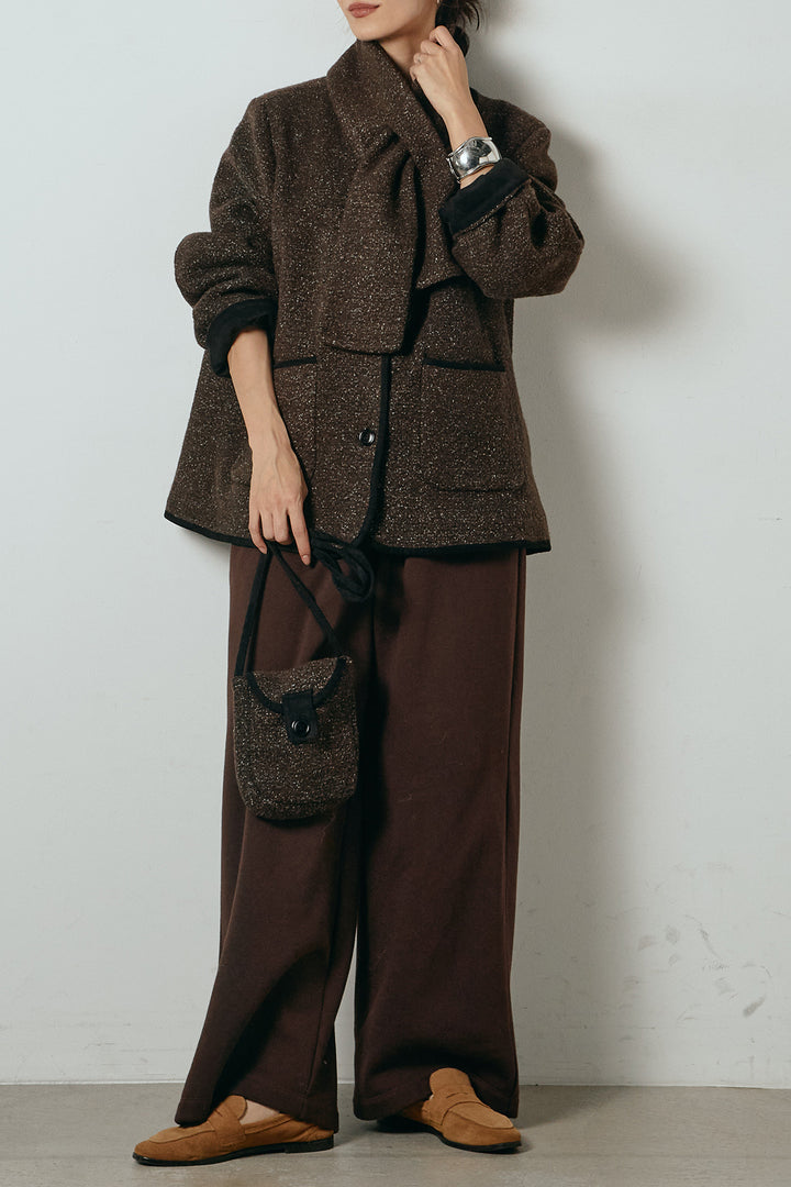 [SET]ノーカラーマフラーバッグ付きアウター+裏起毛スウェットワイドパンツ(2set)