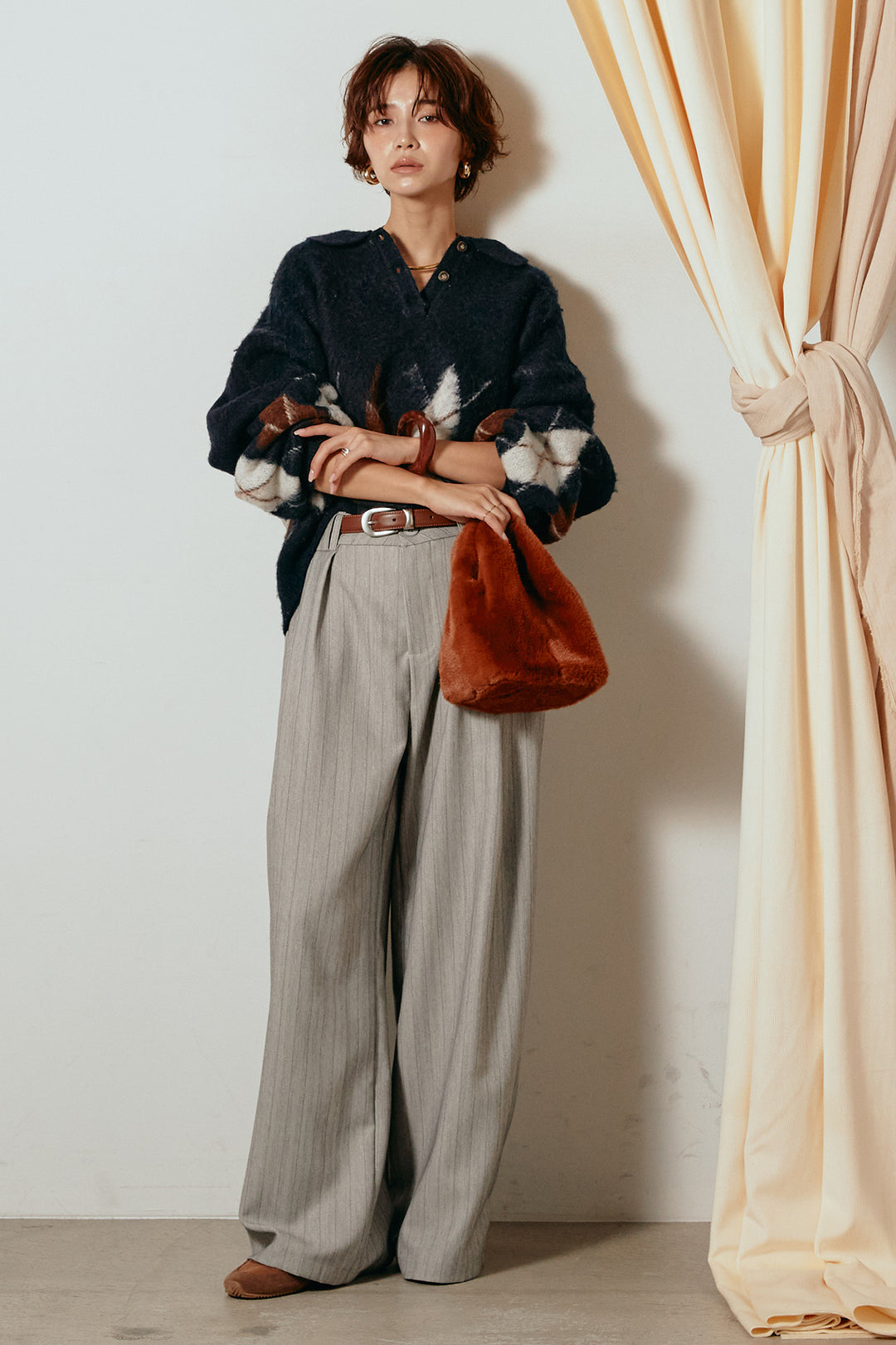 [SET]アーガイル柄ポロニットトップス+ストライプヘリンボーンパンツ(2set)