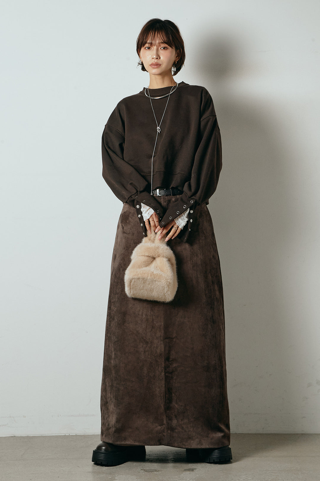 [SET]裏毛バックオープンプルオーバー+エコスウェードワイドスカート(2set)