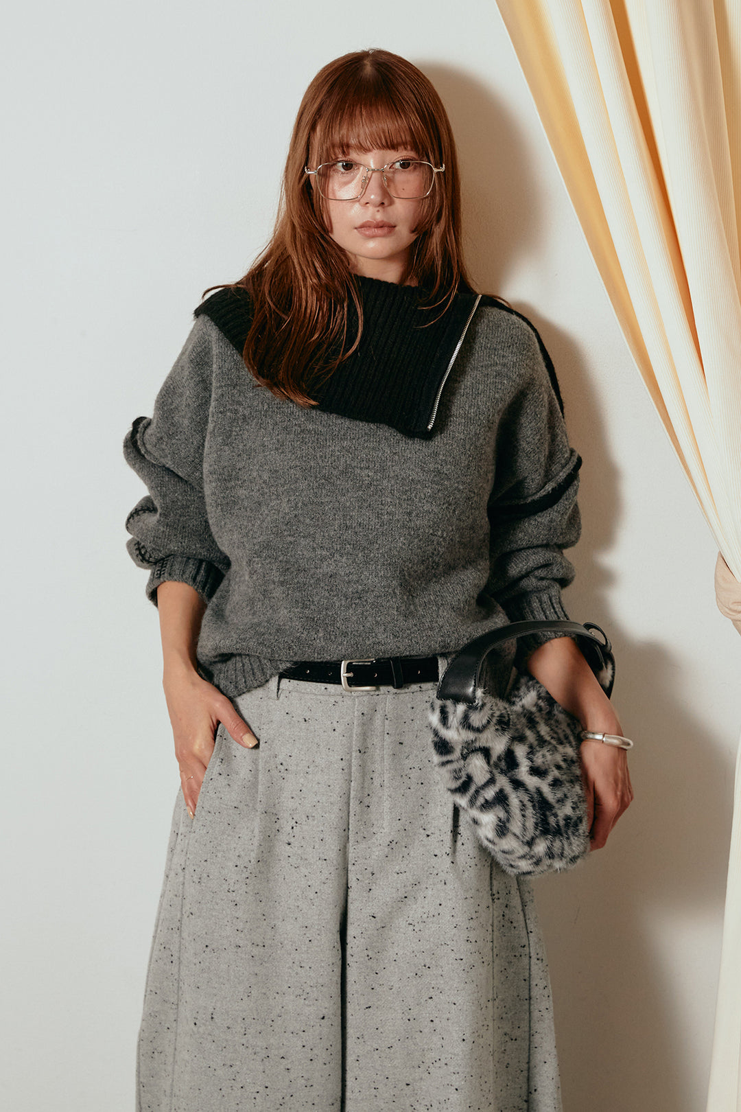 [SET]ハイネックジップデザインニットトップス+ベルト付きネップツイードカーブパンツ(2set)