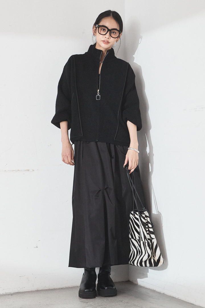 [SET]ハイネックパイピングデザインブルゾン+ランダムタックバルーンスカート(2set)