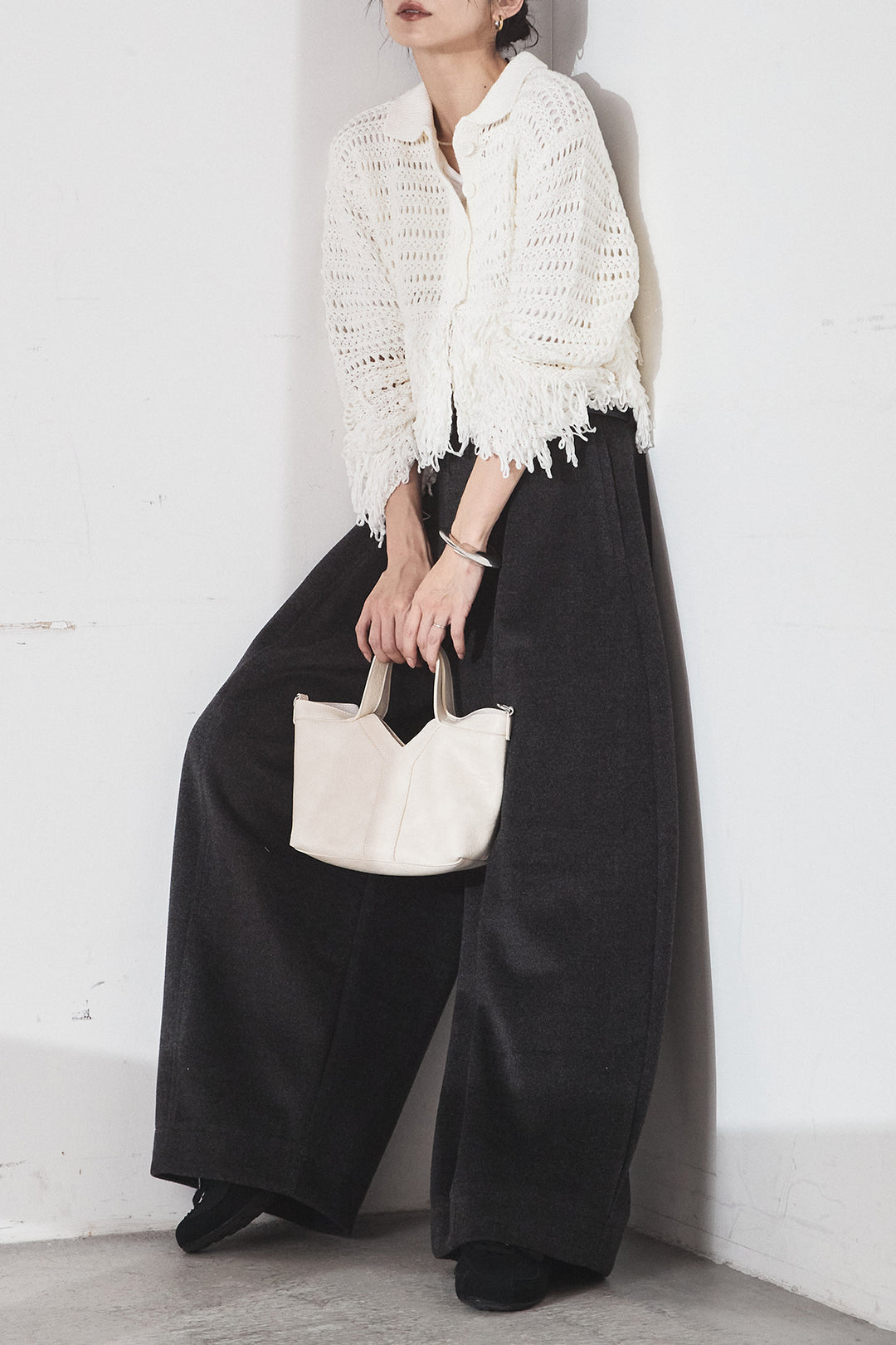 [SET]メッシュフリンジカーディガン+ウールタッチカーブワイドパンツ(2set)