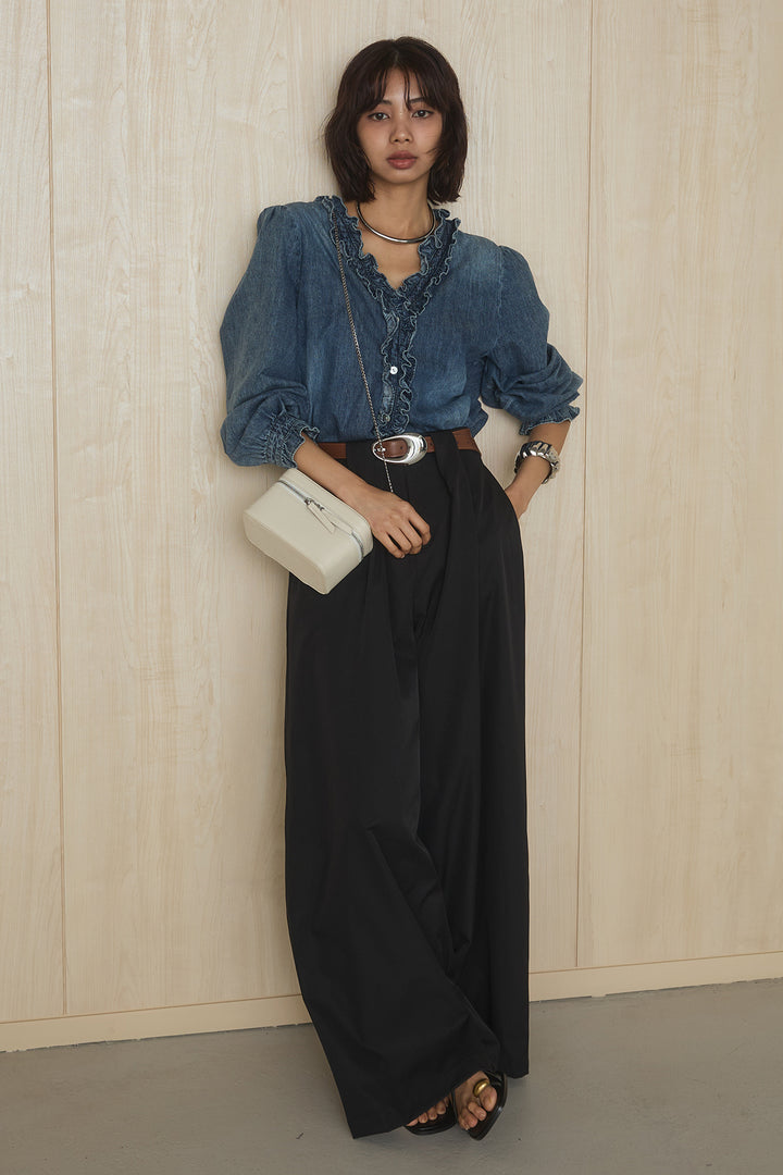 [SET]Vネックデニムフリルトップス+ベルトループデザインハイウエストタックパンツ(2set)