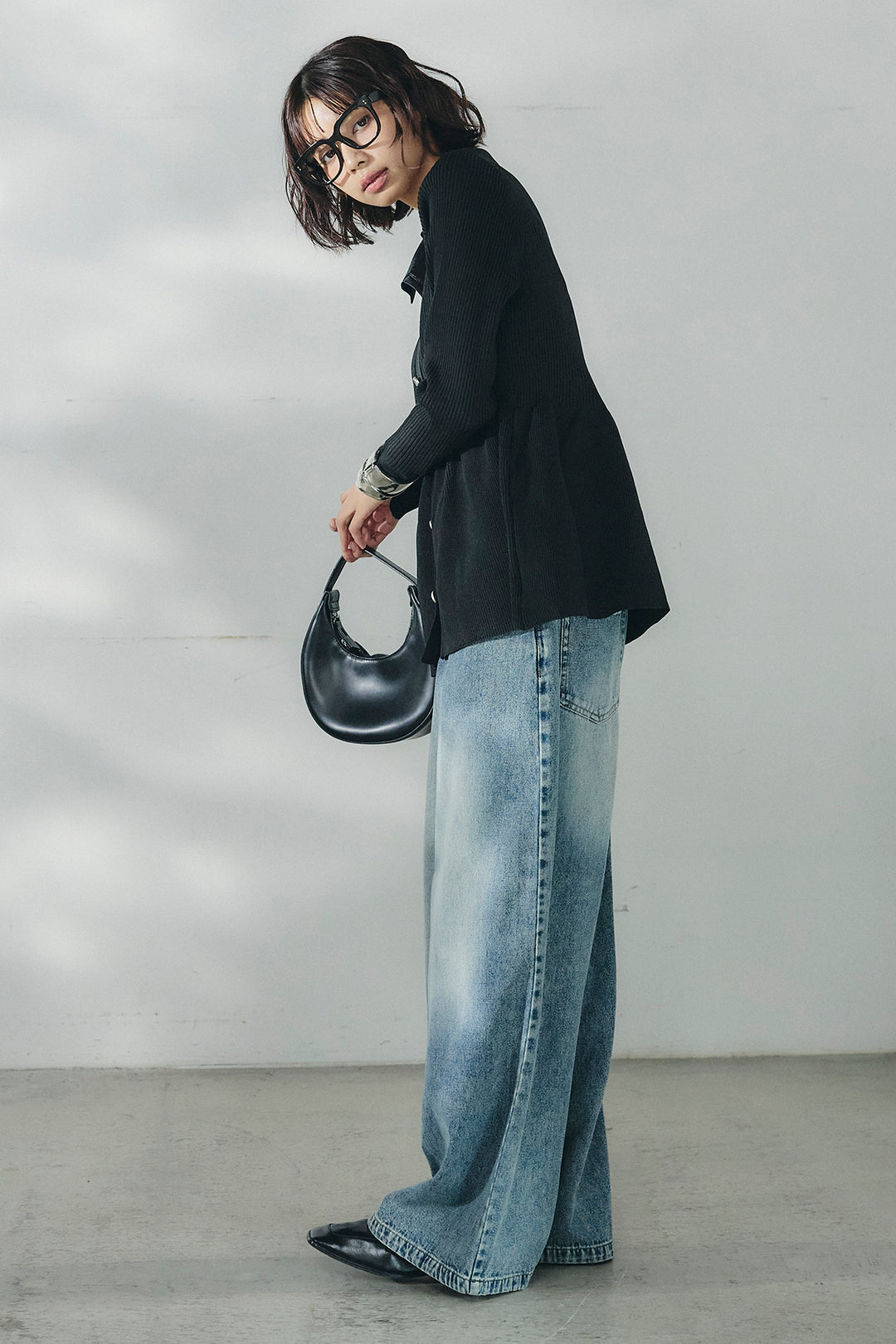 [SET]スキッパーペプラムニット+ウエスト裁ち切りデニムワイドパンツ(2set)