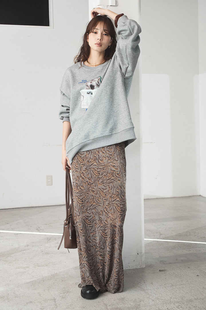 [SET]裏起毛モーニングキャットプリントスウェット+抽象柄ロングスカート(2set)