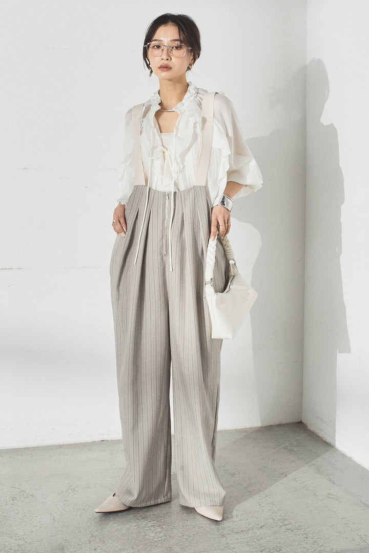 [SET]フロントリボンフリルブラウス+ピンストライプツータックサロペット(2set)