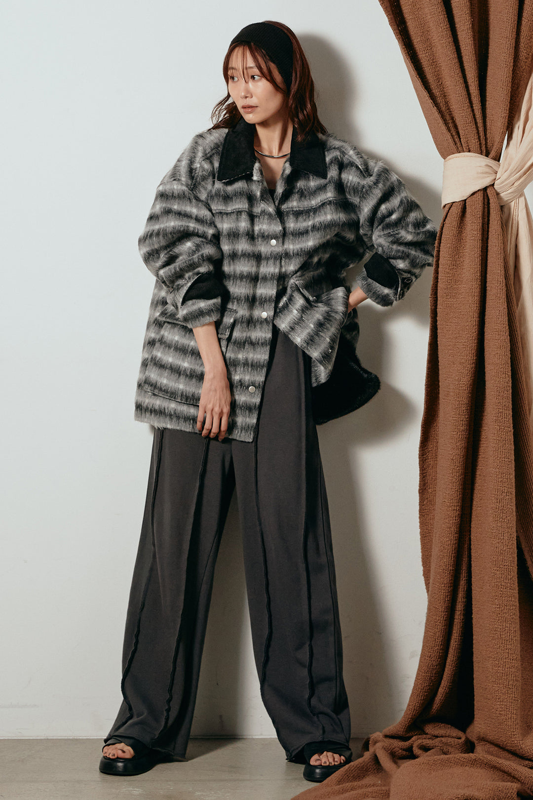 [SET]チェックシャギーミドルカバーオール+フロントラインデザインワイドスウェットパンツ(2set)