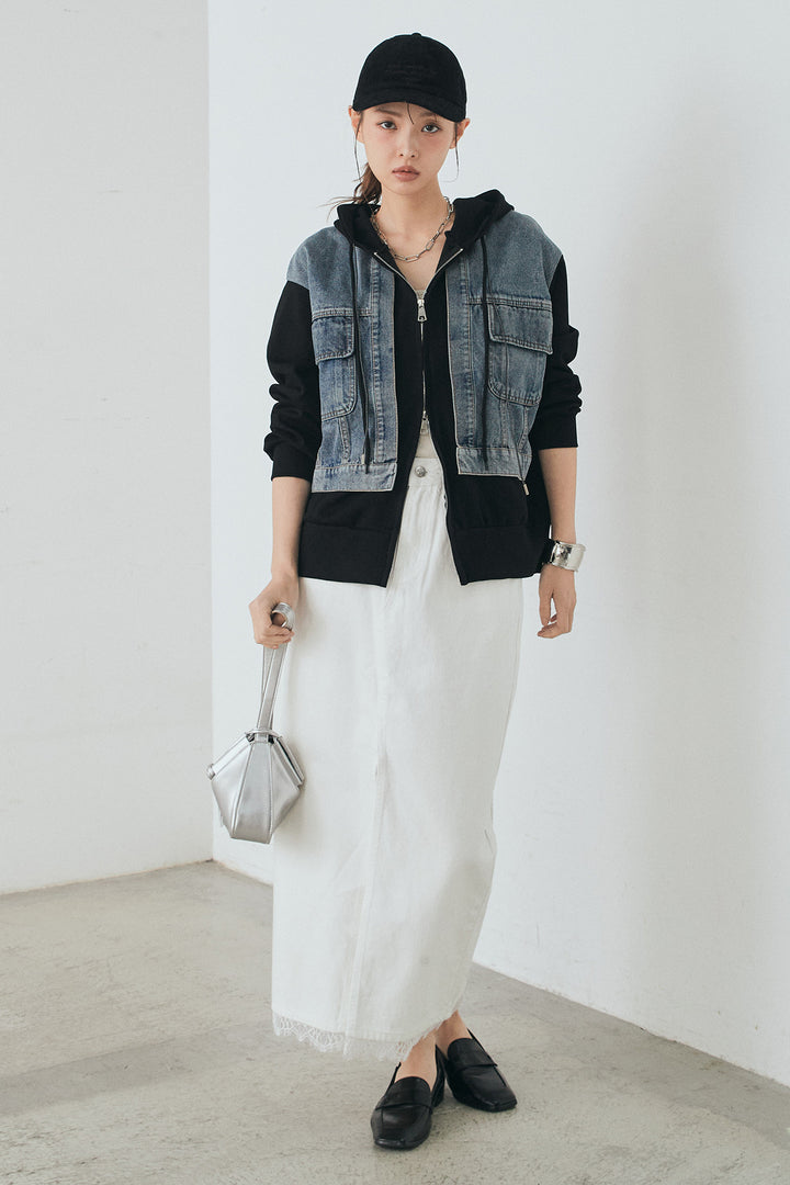 [SET]デニム切替ポンチダブルジップパーカー+裾レースデザインデニムスカート(2set)