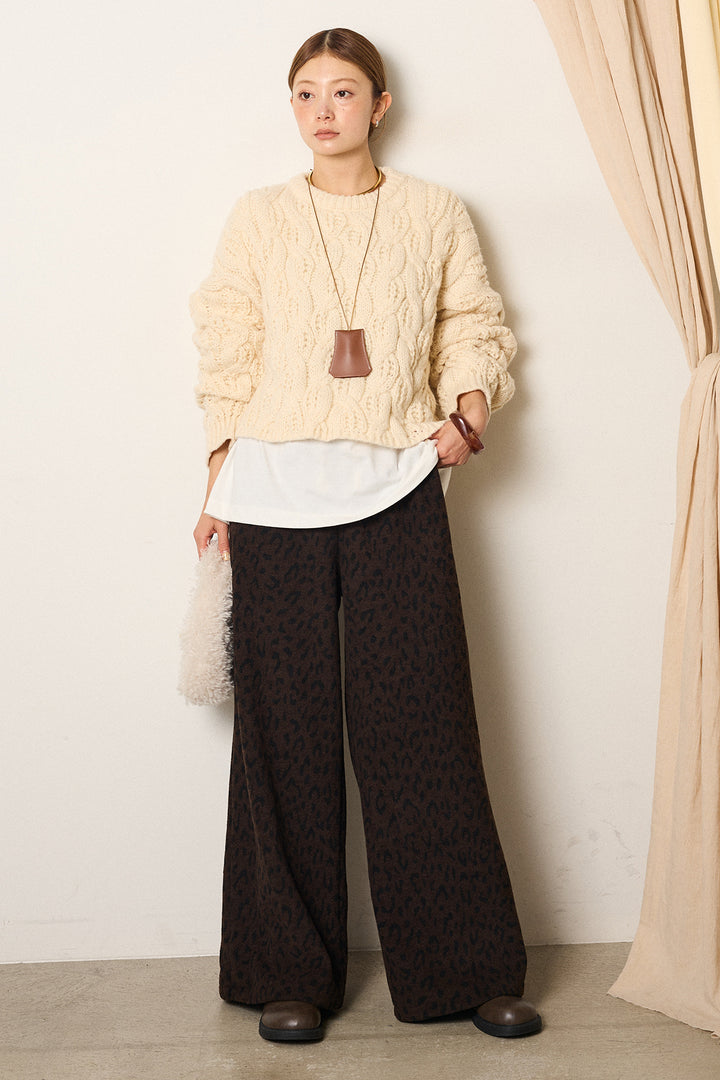 [SET]ケーブルリラックスショートニット+箔プリントBIGシルエットロングスリーブTシャツ+レオパードジャガードニットパンツ(3set)