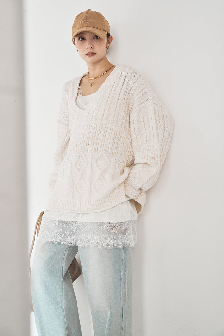 [SET]ケーブルVニットセーター+デニムサイドカットパンツ(2set)