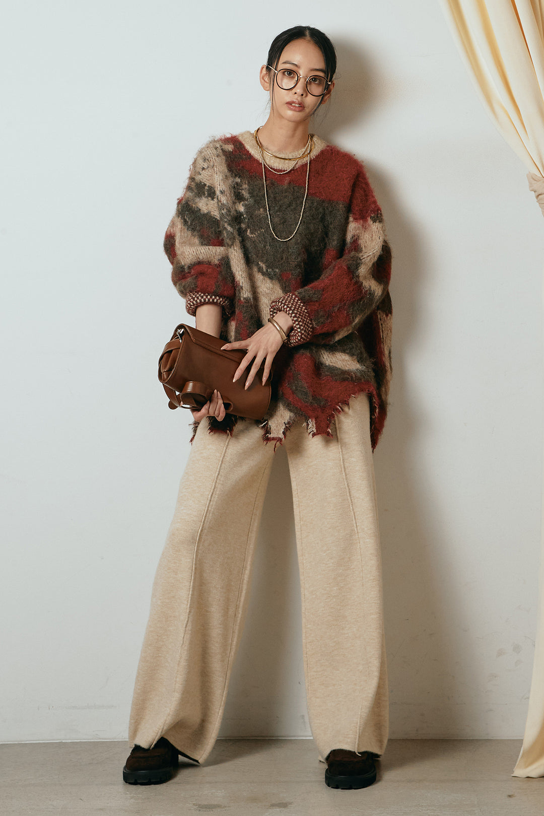 [SET]起毛裾デザインニュアンス柄ニットトップス+センターラインニットパンツ(2set)