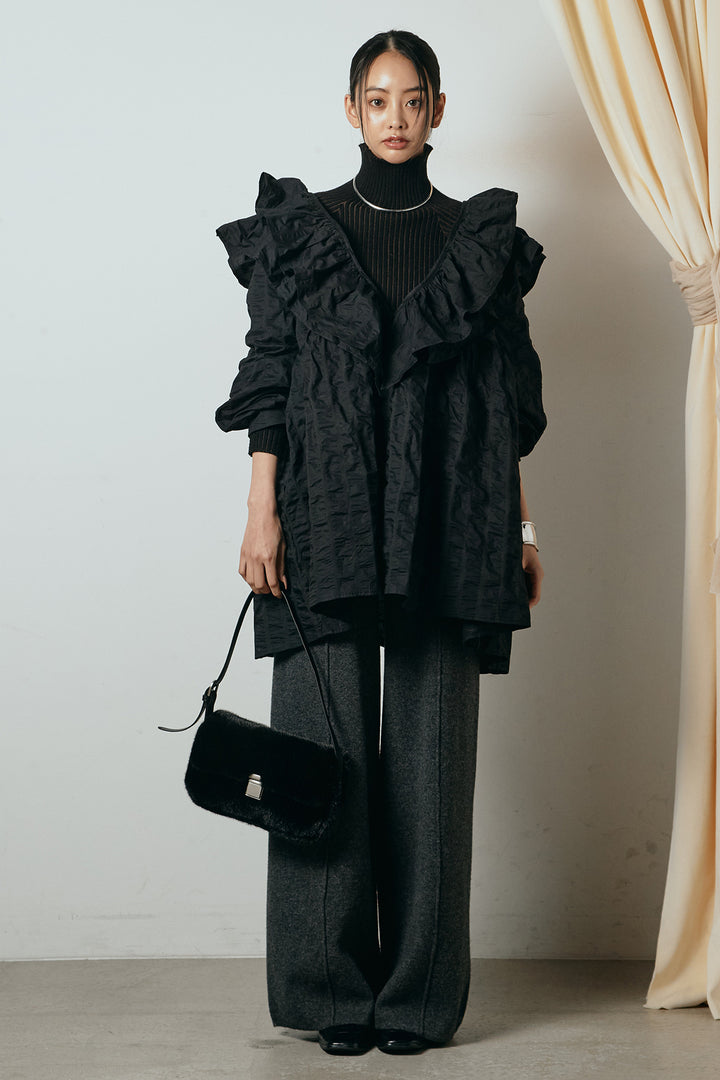 [SET]Vネックフリルカラーブラウス+センターラインニットパンツ(2set)