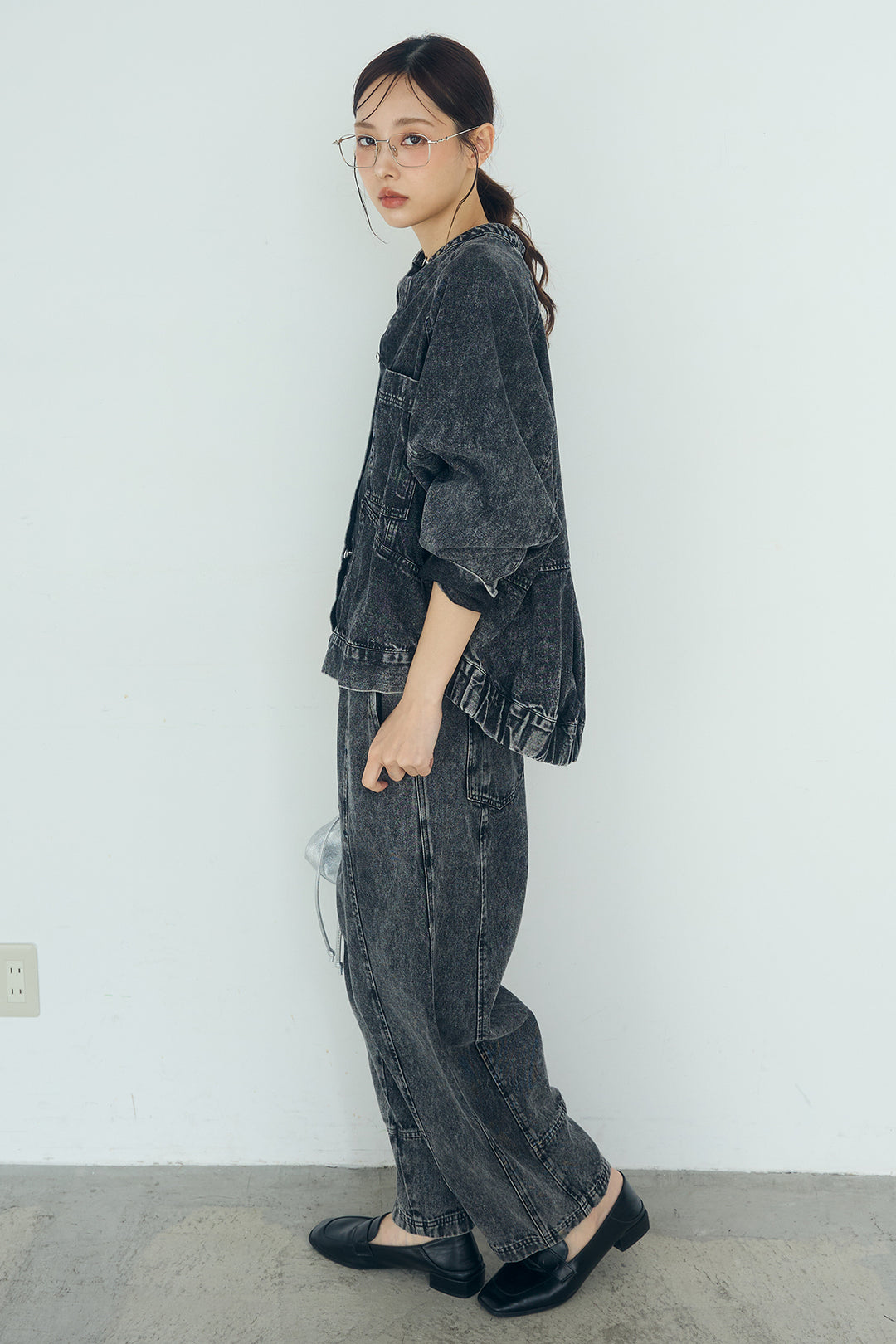 [SET]カラーデニムケミカル加工ノーカラーブルゾン+カラーデニムケミカル加工コクーンパンツ(2set)