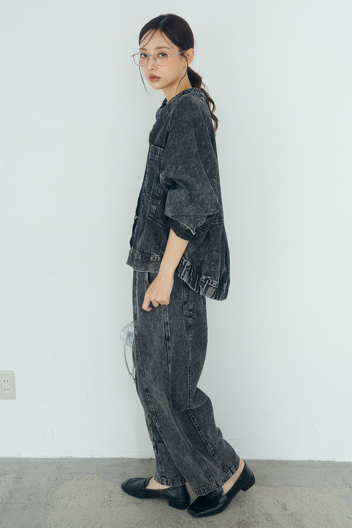 [SET]カラーデニムケミカル加工ノーカラーブルゾン+カラーデニムケミカル加工コクーンパンツ(2set)