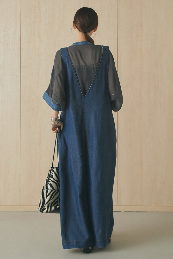 [SET]デニムライクビッグツーポケシアーシャツ+前後2WAYテンセルデニムサロペット(2set)