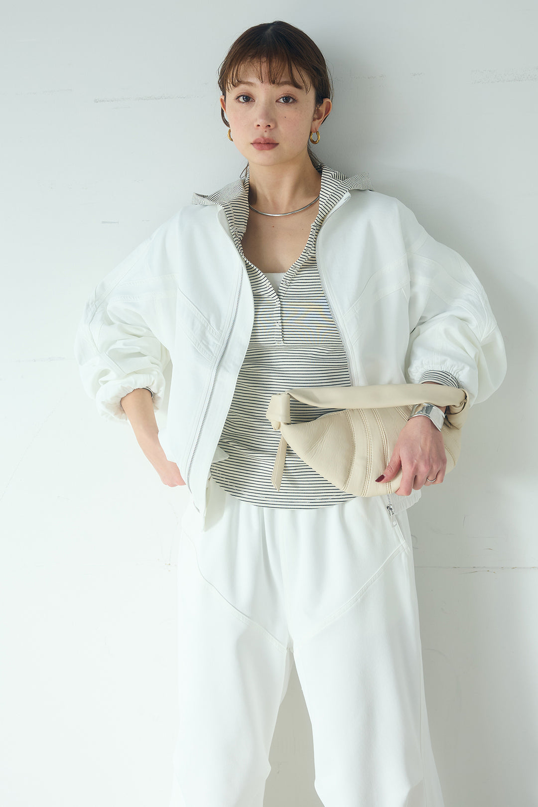 [SET]マルチ切り替えドルマンブルゾン+ランダムタックデザインワイドパンツ+ボーダーフーディーロンT(3set)