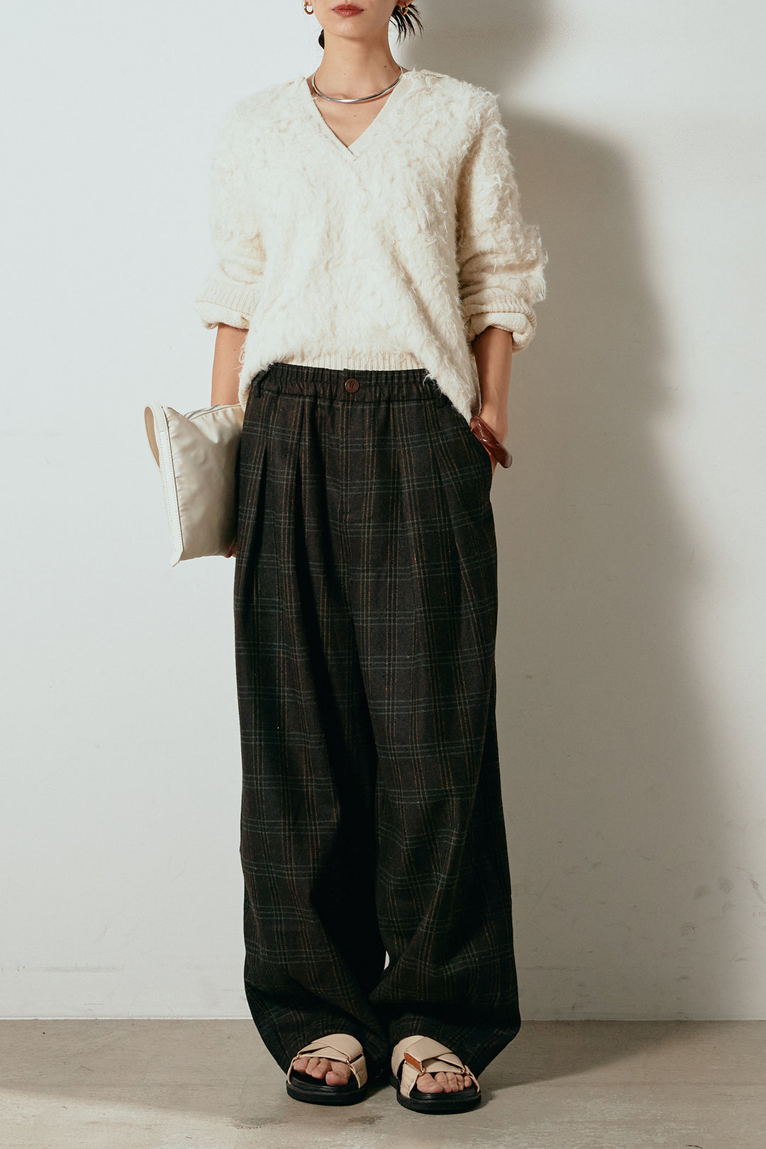 [SET]襟付きシャギーニットポロトップス+タータンチェック柄タックパンツ(2set)